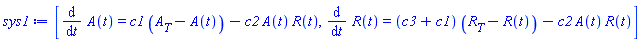 [diff(A(t), t) = c1*(A__T-A(t))-c2*A(t)*R(t), diff(R(t), t) = (c3+c1)*(R__T-R(t))-c2*A(t)*R(t)]