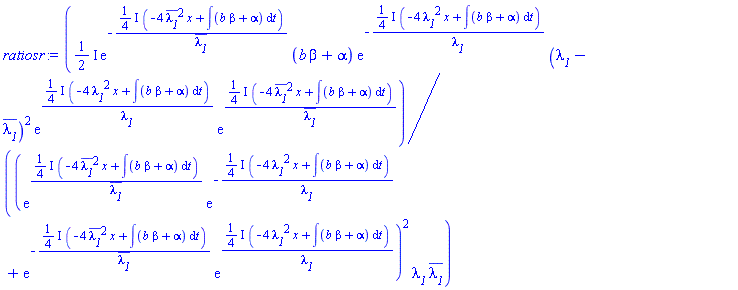 ((1/2)*I)*exp(-((1/4)*I)*(-4*conjugate(lambda__1)^2*x+int(b*beta+alpha, t))/conjugate(lambda__1))*(b*beta+alpha)*exp(-((1/4)*I)*(-4*lambda__1^2*x+int(b*beta+alpha, t))/lambda__1)*(lambda__1-conjugate(lambda__1))^2*exp(((1/4)*I)*(-4*lambda__1^2*x+int(b*beta+alpha, t))/lambda__1)*exp(((1/4)*I)*(-4*conjugate(lambda__1)^2*x+int(b*beta+alpha, t))/conjugate(lambda__1))/((exp(((1/4)*I)*(-4*conjugate(lambda__1)^2*x+int(b*beta+alpha, t))/conjugate(lambda__1))*exp(-((1/4)*I)*(-4*lambda__1^2*x+int(b*beta+alpha, t))/lambda__1)+exp(-((1/4)*I)*(-4*conjugate(lambda__1)^2*x+int(b*beta+alpha, t))/conjugate(lambda__1))*exp(((1/4)*I)*(-4*lambda__1^2*x+int(b*beta+alpha, t))/lambda__1))^2*lambda__1*conjugate(lambda__1))
