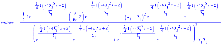 ((1/2)*I)*exp(-((1/4)*I)*(-4*conjugate(lambda__1)^2*x+Z)/conjugate(lambda__1))*(diff(Z, t))*exp(-((1/4)*I)*(-4*lambda__1^2*x+Z)/lambda__1)*(lambda__1-conjugate(lambda__1))^2*exp(((1/4)*I)*(-4*lambda__1^2*x+Z)/lambda__1)*exp(((1/4)*I)*(-4*conjugate(lambda__1)^2*x+Z)/conjugate(lambda__1))/((exp(((1/4)*I)*(-4*conjugate(lambda__1)^2*x+Z)/conjugate(lambda__1))*exp(-((1/4)*I)*(-4*lambda__1^2*x+Z)/lambda__1)+exp(-((1/4)*I)*(-4*conjugate(lambda__1)^2*x+Z)/conjugate(lambda__1))*exp(((1/4)*I)*(-4*lambda__1^2*x+Z)/lambda__1))^2*lambda__1*conjugate(lambda__1))