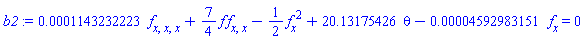 0.1143232223e-3*(diff(diff(diff(f(x), x), x), x))+(7/4)*f(x)*(diff(diff(f(x), x), x))-(1/2)*(diff(f(x), x))^2+20.13175426*theta-0.4592983151e-4*(diff(f(x), x)) = 0