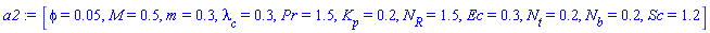 [phi = 0.5e-1, M = .5, m = .3, lambda[c] = .3, Pr = 1.5, K[p] = .2, N[R] = 1.5, Ec = .3, N[t] = .2, N[b] = .2, Sc = 1.2]