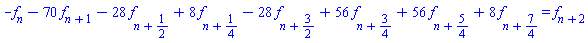 -f[n]-70*f[n+1]-28*f[n+1/2]+8*f[n+1/4]-28*f[n+3/2]+56*f[n+3/4]+56*f[n+5/4]+8*f[n+7/4] = f[n+2]