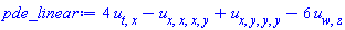 4*(diff(diff(u(x, y, z, w, t), t), x))-(diff(diff(diff(diff(u(x, y, z, w, t), x), x), x), y))+diff(diff(diff(diff(u(x, y, z, w, t), x), y), y), y)-6*(diff(diff(u(x, y, z, w, t), w), z))