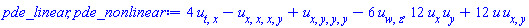 4*(diff(diff(u(x, y, z, w, t), t), x))-(diff(diff(diff(diff(u(x, y, z, w, t), x), x), x), y))+diff(diff(diff(diff(u(x, y, z, w, t), x), y), y), y)-6*(diff(diff(u(x, y, z, w, t), w), z)), 12*(diff(u(x, y, z, w, t), x))*(diff(u(x, y, z, w, t), y))+12*u(x, y, z, w, t)*(diff(diff(u(x, y, z, w, t), x), y))