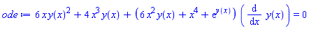 6*x*y(x)^2+4*x^3*y(x)+(6*x^2*y(x)+x^4+exp(y(x)))*(diff(y(x), x)) = 0