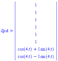 SpA := Vector(8, {(1) = 1, (2) = 1, (3) = 1, (4) = 1, (5) = 1, (6) = 1, (7) = cos(4*t)+I*sin(4*t), (8) = cos(4*t)-I*sin(4*t)})