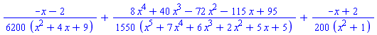(1/6200)*(-x-2)/(x^2+4*x+9)+(1/1550)*(8*x^4+40*x^3-72*x^2-115*x+95)/(x^5+7*x^4+6*x^3+2*x^2+5*x+5)+(1/200)*(-x+2)/(x^2+1)