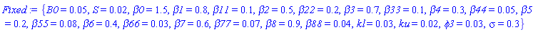 {B0 = 0.5e-1, S = 0.2e-1, beta0 = 1.5, beta1 = .8, beta11 = .1, beta2 = .5, beta22 = .2, beta3 = .7, beta33 = .1, beta4 = .3, beta44 = 0.5e-1, beta5 = .2, beta55 = 0.8e-1, beta6 = .4, beta66 = 0.3e-1, beta7 = .6, beta77 = 0.7e-1, beta8 = .9, beta88 = 0.4e-1, kl = 0.3e-1, ku = 0.2e-1, phi3 = 0.3e-1, sigma = .3}