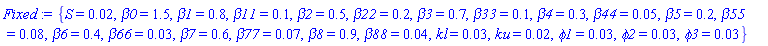 {S = 0.2e-1, beta0 = 1.5, beta1 = .8, beta11 = .1, beta2 = .5, beta22 = .2, beta3 = .7, beta33 = .1, beta4 = .3, beta44 = 0.5e-1, beta5 = .2, beta55 = 0.8e-1, beta6 = .4, beta66 = 0.3e-1, beta7 = .6, beta77 = 0.7e-1, beta8 = .9, beta88 = 0.4e-1, kl = 0.3e-1, ku = 0.2e-1, phi1 = 0.3e-1, phi2 = 0.3e-1, phi3 = 0.3e-1}