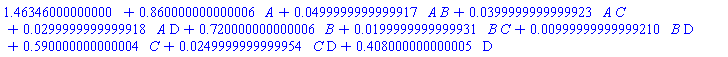 HFloat(1.4634599999999969)+HFloat(0.8600000000000063)*A+HFloat(0.04999999999999174)*A*B+HFloat(0.03999999999999232)*A*C+HFloat(0.029999999999991842)*A*D+HFloat(0.7200000000000056)*B+HFloat(0.019999999999993086)*B*C+HFloat(0.009999999999992097)*B*D+HFloat(0.5900000000000042)*C+HFloat(0.024999999999995408)*C*D+HFloat(0.4080000000000051)*D