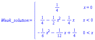 Weak_solution := piecewise(x = 0, 1/4, x < 0, 1/4-(1/2)*x^2-(1/4)*x, 0 < x, -(1/6)*x^2-(1/12)*x+1/4)