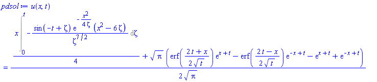 u(x, t) = (1/2)*((1/4)*x*(Int(-sin(-t+zeta)*exp(-(1/4)*x^2/zeta)*(x^2-6*zeta)/zeta^(7/2), zeta = 0 .. t))+Pi^(1/2)*(erf((1/2)*(2*t+x)/t^(1/2))*exp(x+t)-erf((1/2)*(2*t-x)/t^(1/2))*exp(-x+t)-exp(x+t)+exp(-x+t)))/Pi^(1/2)
