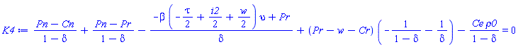 (Pn-Cn)/(1-delta)+(Pn-Pr)/(1-delta)-(-beta*(-(1/2)*tau+(1/2)*i2+(1/2)*w)*upsilon+Pr)/delta+(Pr-w-Cr)*(-1/(1-delta)-1/delta)-Ce*rho0/(1-delta) = 0