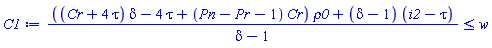 (((Cr+4*tau)*delta-4*tau+(Pn-Pr-1)*Cr)*rho0+(delta-1)*(i2-tau))/(delta-1) <= w