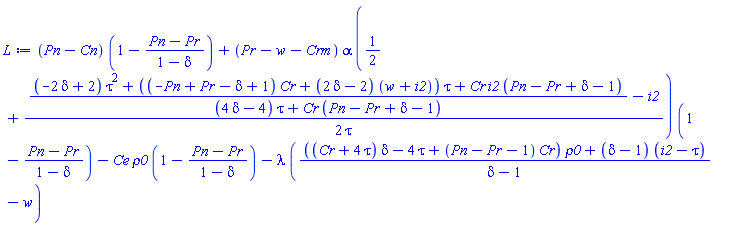 (Pn-Cn)*(1-(Pn-Pr)/(1-delta))+(Pr-w-Crm)*alpha*(1/2+(1/2)*(((-2*delta+2)*tau^2+((-Pn+Pr-delta+1)*Cr+(2*delta-2)*(w+i2))*tau+Cr*i2*(Pn-Pr+delta-1))/((4*delta-4)*tau+Cr*(Pn-Pr+delta-1))-i2)/tau)*(1-(Pn-Pr)/(1-delta))-Ce*rho0*(1-(Pn-Pr)/(1-delta))-lambda*((((Cr+4*tau)*delta-4*tau+(Pn-Pr-1)*Cr)*rho0+(delta-1)*(i2-tau))/(delta-1)-w)