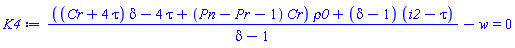 (((Cr+4*tau)*delta-4*tau+(Pn-Pr-1)*Cr)*rho0+(delta-1)*(i2-tau))/(delta-1)-w = 0