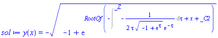 y(x) = -(-1+exp(RootOf(-Intat(-(1/2)/(tau*(-1+exp(tau))^(1/2)*exp(-tau)), tau = _Z)+x+_C2)))^(1/2)