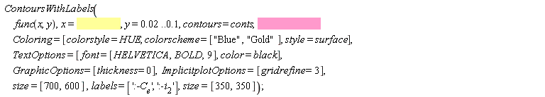 ContoursWithLabels(func(x, y), x = 0.3e-1 .. .15, y = 0.2e-1 .. .1, contours = conts, decplaces = 4, Coloring = [colorstyle = HUE, colorscheme = ["Blue", "Gold"], style = surface], TextOptions = [font = [HELVETICA, BOLD, 9], color = black], GraphicOptions = [thickness = 0], ImplicitplotOptions = [gridrefine = 3], size = [700, 600], labels = [':-C__e', ':-i__2'], size = [350, 350])