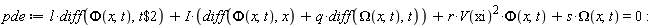 pde := l*(diff(Phi(x, t), `$`(t, 2)))+I*(diff(Phi(x, t), x)+q*(diff(Omega(x, t), t)))+r*V(xi)^2*Phi(x, t)+s*Omega(x, t) = 0: