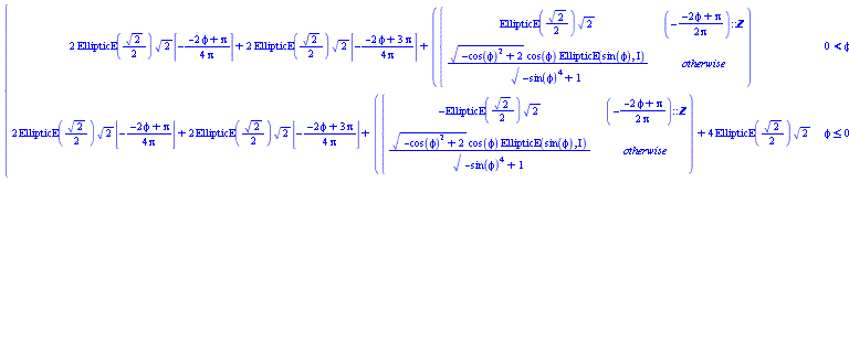 piecewise(0 < phi, 2*EllipticE((1/2)*sqrt(2))*sqrt(2)*ceil(-(-2*phi+Pi)/(4*Pi))+2*EllipticE((1/2)*sqrt(2))*sqrt(2)*ceil(-(-2*phi+3*Pi)/(4*Pi))+piecewise((-(-2*phi+Pi)/(2*Pi))::integer, EllipticE((1/2)*sqrt(2))*sqrt(2), sqrt(-cos(phi)^2+2)*cos(phi)*EllipticE(sin(phi), I)/sqrt(-sin(phi)^4+1)), phi <= 0, 2*EllipticE((1/2)*sqrt(2))*sqrt(2)*floor(-(-2*phi+Pi)/(4*Pi))+2*EllipticE((1/2)*sqrt(2))*sqrt(2)*floor(-(-2*phi+3*Pi)/(4*Pi))+piecewise((-(-2*phi+Pi)/(2*Pi))::integer, -EllipticE((1/2)*sqrt(2))*sqrt(2), sqrt(-cos(phi)^2+2)*cos(phi)*EllipticE(sin(phi), I)/sqrt(-sin(phi)^4+1))+4*EllipticE((1/2)*sqrt(2))*sqrt(2))