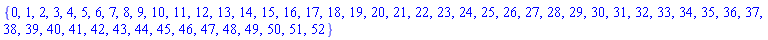 {0, 1, 2, 3, 4, 5, 6, 7, 8, 9, 10, 11, 12, 13, 14, 15, 16, 17, 18, 19, 20, 21, 22, 23, 24, 25, 26, 27, 28, 29, 30, 31, 32, 33, 34, 35, 36, 37, 38, 39, 40, 41, 42, 43, 44, 45, 46, 47, 48, 49, 50, 51, 52}