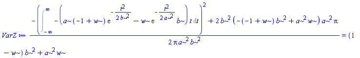 (1/2)*(-(Int(-(a*(-1+w)*exp(-(1/2)*t^2/b^2)-w*exp(-(1/2)*t^2/a^2)*b)*t, t = -infinity .. infinity))^2+2*b^2*(-(-1+w)*b^2+a^2*w)*a^2*Pi)/(Pi*a^2*b^2) = (1-w)*b^2+a^2*w
