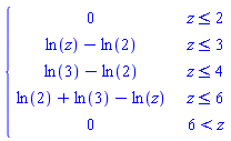 piecewise(z <= 2, 0, z <= 3, ln(z)-ln(2), z <= 4, ln(3)-ln(2), z <= 6, ln(2)+ln(3)-ln(z), 6 < z, 0)
