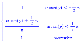 piecewise(arcsin(y) < -(1/2)*Pi, 0, arcsin(y) < (1/2)*Pi, (arcsin(y)+(1/2)*Pi)/Pi, 1)