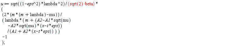 u := sqrt((-eps^2+1)*lambda^2)*((2*(m*(m+lambda)-mu))/(lambda*(m+(A2-A1*sqrt(mu)-A2*sqrt(mu)*(-eps*t+x))/(A1+A2*(-eps*t+x))))-1)/(sqrt(2)*beta)