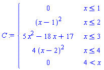 C := piecewise(x <= 1, 0, x <= 2, (x-1)^2, x <= 3, 5*x^2-18*x+17, x <= 4, 4*(x-2)^2, 4 < x, 0)