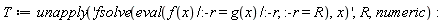 T := unapply('fsolve(eval(f(x)/:-r = g(x)/:-r, :-r = R), x)', R, numeric)