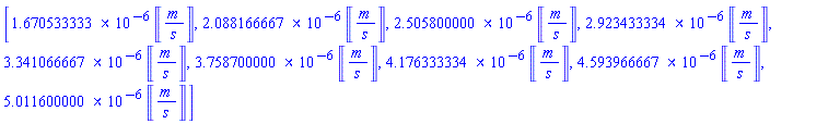 [0.1670533333e-5*Units:-Unit(m/s), 0.2088166667e-5*Units:-Unit(m/s), 0.2505800000e-5*Units:-Unit(m/s), 0.2923433334e-5*Units:-Unit(m/s), 0.3341066667e-5*Units:-Unit(m/s), 0.3758700000e-5*Units:-Unit(m/s), 0.4176333334e-5*Units:-Unit(m/s), 0.4593966667e-5*Units:-Unit(m/s), 0.5011600000e-5*Units:-Unit(m/s)]