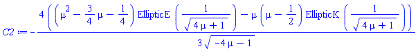 -(4/3)*((mu^2-(3/4)*mu-1/4)*EllipticE(1/(4*mu+1)^(1/2))-mu*(mu-1/2)*EllipticK(1/(4*mu+1)^(1/2)))/(-4*mu-1)^(1/2)