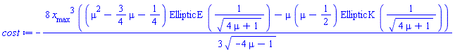 -(8/3)*x__max^3*((mu^2-(3/4)*mu-1/4)*EllipticE(1/(4*mu+1)^(1/2))-mu*(mu-1/2)*EllipticK(1/(4*mu+1)^(1/2)))/(-4*mu-1)^(1/2)
