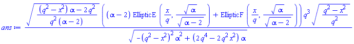 (((q^2-x^2)*alpha-2*q^2)/(q^2*(alpha-2)))^(1/2)*((alpha-2)*EllipticE(x/q, alpha^(1/2)/(alpha-2)^(1/2))+EllipticF(x/q, alpha^(1/2)/(alpha-2)^(1/2)))*q^3*((q^2-x^2)/q^2)^(1/2)/(-(q^2-x^2)^2*alpha^2+(2*q^4-2*q^2*x^2)*alpha)^(1/2)