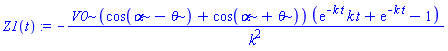 Z1(t) := -V0*(cos(alpha-theta)+cos(alpha+theta))*(exp(-k*t)*k*t+exp(-k*t)-1)/k^2