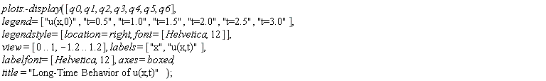 plots:-display([q0, q1, q2, q3, q4, q5, q6], legend = ["u(x,0)", "t=0.5", "t=1.0", "t=1.5", "t=2.0", "t=2.5", "t=3.0"], legendstyle = [location = right, font = [Helvetica, 12]], view = [0 .. 1, -1.2 .. 1.2], labels = ["x", "u(x,t)"], labelfont = [Helvetica, 12], axes = boxed, title = "Long-Time Behavior of u(x,t)")