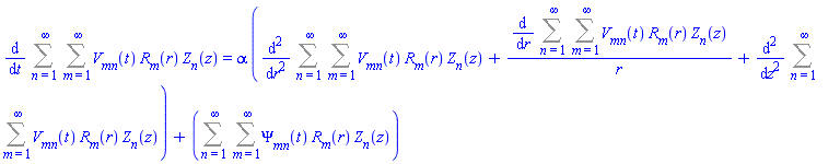 diff(Sum(Sum(V__mn(t)*R__m(r)*Z__n(z), m = 1 .. infinity), n = 1 .. infinity), t) = alpha*(diff(diff(Sum(Sum(V__mn(t)*R__m(r)*Z__n(z), m = 1 .. infinity), n = 1 .. infinity), r), r)+(diff(Sum(Sum(V__mn(t)*R__m(r)*Z__n(z), m = 1 .. infinity), n = 1 .. infinity), r))/r+diff(diff(Sum(Sum(V__mn(t)*R__m(r)*Z__n(z), m = 1 .. infinity), n = 1 .. infinity), z), z))+Sum(Sum(Psi__mn(t)*R__m(r)*Z__n(z), m = 1 .. infinity), n = 1 .. infinity)