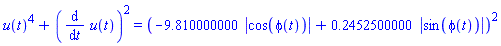 u(t)^4+(diff(u(t), t))^2 = (-9.810000000*abs(cos(phi(t)))+.2452500000*abs(sin(phi(t))))^2