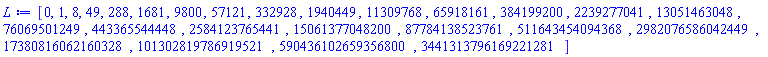 [0, 1, 8, 49, 288, 1681, 9800, 57121, 332928, 1940449, 11309768, 65918161, 384199200, 2239277041, 13051463048, 76069501249, 443365544448, 2584123765441, 15061377048200, 87784138523761, 511643454094368, 2982076586042449, 17380816062160328, 101302819786919521, 590436102659356800, 3441313796169221281]