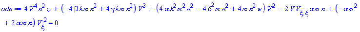4*V(xi)^4*n^2*sigma+(-4*beta*k*m*n^2+4*gamma*k*m*n^2)*V(xi)^3+(4*alpha*k^2*m^2*n^2-4*delta^2*m*n^2+4*m*n^2*w)*V(xi)^2-2*V(xi)*(diff(diff(V(xi), xi), xi))*alpha*m*n+(-alpha*m^2+2*alpha*m*n)*(diff(V(xi), xi))^2 = 0