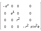 Matrix(4, 4, [[-exp(nu), 0, 0, 0], [0, exp(lambda), 0, 0], [0, 0, r^2, 0], [0, 0, 0, -r^2*(sin(theta)^2)]])