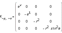 K[`~mu`, `~nu`] = Matrix(4, 4, [[exp(nu), 0, 0, 0], [0, -exp(lambda), 0, 0], [0, 0, -r^2, 0], [0, 0, 0, -r^2*(sin(theta)^2)]])