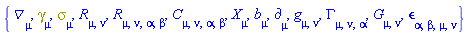 {Physics:-D_[mu], Physics:-Dgamma[mu], Physics:-Psigma[mu], Physics:-Ricci[mu, nu], Physics:-Riemann[mu, nu, alpha, beta], Physics:-Weyl[mu, nu, alpha, beta], b[mu], Physics:-d_[mu], Physics:-g_[mu, nu], Physics:-Christoffel[mu, nu, alpha], Physics:-Einstein[mu, nu], Physics:-LeviCivita[alpha, beta, mu, nu], Physics:-SpaceTimeVector[mu](X)}