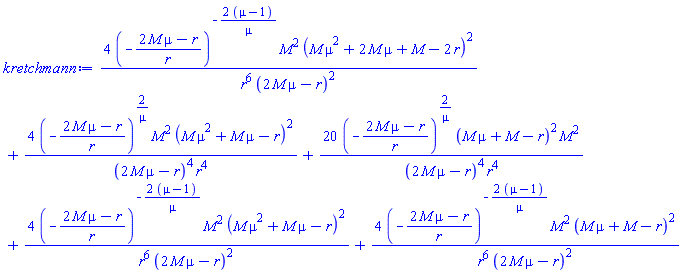 4*(-(2*M*mu-r)/r)^(-2*(mu-1)/mu)*M^2*(M*mu^2+2*M*mu+M-2*r)^2/(r^6*(2*M*mu-r)^2)+4*(-(2*M*mu-r)/r)^(2/mu)*M^2*(M*mu^2+M*mu-r)^2/((2*M*mu-r)^4*r^4)+20*(-(2*M*mu-r)/r)^(2/mu)*(M*mu+M-r)^2*M^2/((2*M*mu-r)^4*r^4)+4*(-(2*M*mu-r)/r)^(-2*(mu-1)/mu)*M^2*(M*mu^2+M*mu-r)^2/(r^6*(2*M*mu-r)^2)+4*(-(2*M*mu-r)/r)^(-2*(mu-1)/mu)*M^2*(M*mu+M-r)^2/(r^6*(2*M*mu-r)^2)