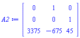 Matrix(3, 3, {(1, 1) = 0, (1, 2) = 1, (1, 3) = 0, (2, 1) = 0, (2, 2) = 0, (2, 3) = 1, (3, 1) = 3375, (3, 2) = -675, (3, 3) = 45})