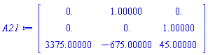 Matrix(3, 3, {(1, 1) = 0., (1, 2) = 1.00000, (1, 3) = 0., (2, 1) = 0., (2, 2) = 0., (2, 3) = 1.00000, (3, 1) = 3375.00000, (3, 2) = -675.00000, (3, 3) = 45.00000})