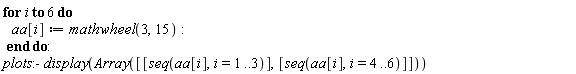 for i to 6 do aa[i] := mathwheel(3, 15) end do; -1; plots:-display(Array([[seq(aa[i], i = 1 .. 3)], [seq(aa[i], i = 4 .. 6)]]))