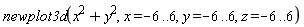 newplot3d(x^2+y^2, x = -6 .. 6, y = -6 .. 6, z = -6 .. 6)