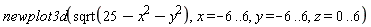 newplot3d(sqrt(25-x^2-y^2), x = -6 .. 6, y = -6 .. 6, z = 0 .. 6)